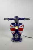A novelty enamelled metal lamp in the form of a Vespa scooter steering column, 11½" high