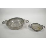 Two C18th pewter porringers with openwork double ears/handles on both; a rare example, inscribed
