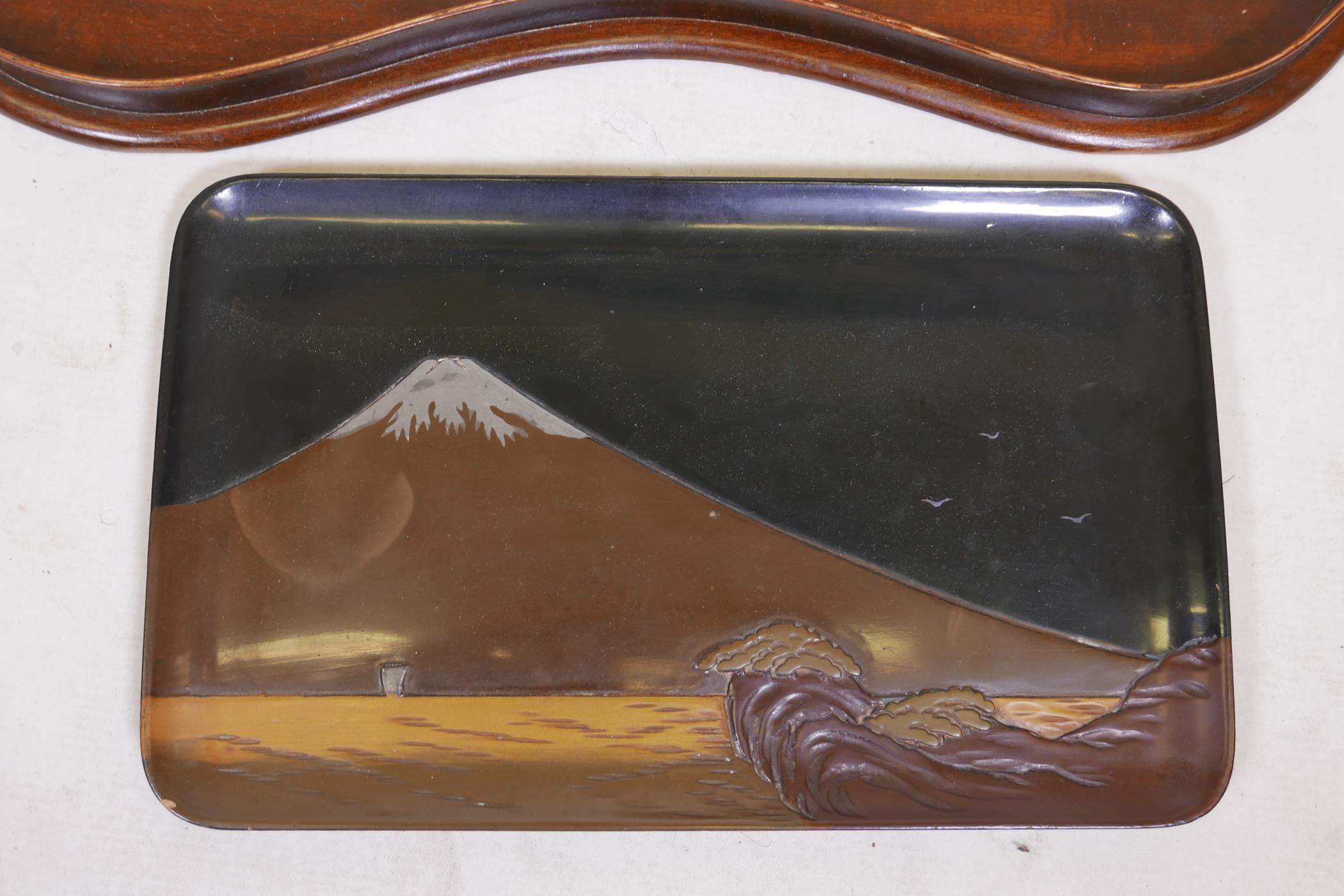A Japanese black lacquer tray with silver and abalone inlaid decoration depicting a Mt Fuji scene, - Image 2 of 4