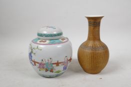 A Chinese famille verte ginger jar and cover, 4 character mark to base, early C20th, and a porcelain