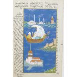 A Moghul illuminated page illustrated with characters in a boat and grand buildings surrounded by