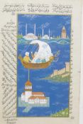 A Moghul illuminated page illustrated with characters in a boat and grand buildings surrounded by