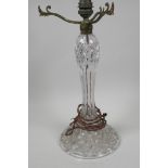 A cut crystal table lamp base, 13" high