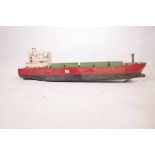 A painted wood model of a container ship, 50" long, 9" beam
