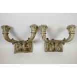 A pair of gilt carved wood two light candle wall sconces, 9" wide, worn