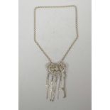 A Chinese pierced white metal chatelaine pendant necklace, necklace 24" long