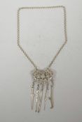 A Chinese pierced white metal chatelaine pendant necklace, necklace 24" long