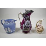 A Victorian Staffordshire Spurrier & Co pearlware pitcher with an ornate hinged silver plated lid,