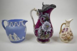 A Victorian Staffordshire Spurrier & Co pearlware pitcher with an ornate hinged silver plated lid,