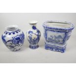 A Chinese blue and white porcelain oval jardiniere on stand, 9" high, together with two blue and