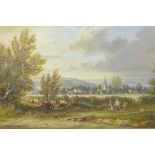 Max Dunlop, pastoral scene with figures and cattle to foreground and village beyond, titled verso '
