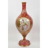 A Bohemian cranberry glass vase of bulbous form with narrow neck and pedestal base, with all over
