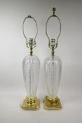 A pair of French glass and brass table lamps, 29" high