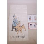 A Chinese watercolour of two boys and a dog, with an associated certificate and catalogue, 53½" x