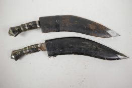 Two vintage kukris with studded bone handles, and lion mask pommels, 17" long