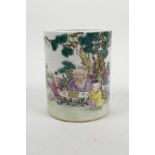 A Chinese famille verte porcelain brush pot decorated with a Go master teaching children to play,