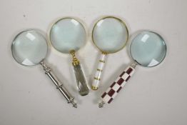 Four hand held magnifying glasses, 10½" long