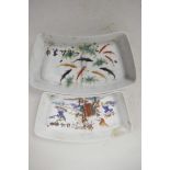 Two Chinese curved porcelain serving dishes, one decorated with fish and calligraphy, the other with