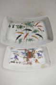 Two Chinese curved porcelain serving dishes, one decorated with fish and calligraphy, the other with