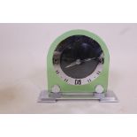 An Art Deco, glass and chrome mantel clock, the winder marked ABEC, 7" high