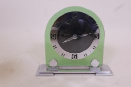 An Art Deco, glass and chrome mantel clock, the winder marked ABEC, 7" high