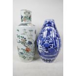 Two Chinese vases, A/F, a famille rose cylinder vase decorated with flowers and birds, 14" high, and