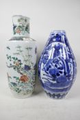 Two Chinese vases, A/F, a famille rose cylinder vase decorated with flowers and birds, 14" high, and
