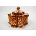 A Hispano-Moresque C18th stem lustre vase or burner with lid, with distinctive copper lustre and