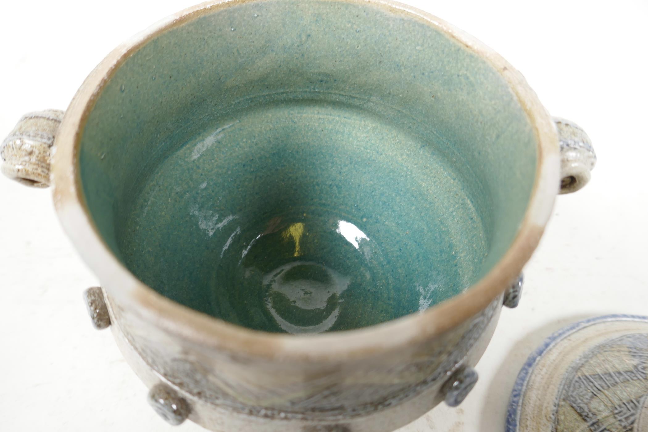 Carol King (British), studio pottery sweet jar and cover, raised on three feet, 7½" high, 6" - Image 4 of 6