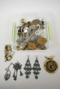 A box of good costume jewellery, including marcasite earrings, various rings, brooches and necklaces