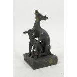 A Chinese bronze two part seal in the form of two deer, 5" high