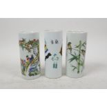 Three Chinese polychrome porcelain spill vases decorated with birds, flowers and flags, character