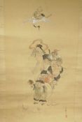 A Chinese watercolour scroll depicting Immortals in a procession, 15½" x 41"