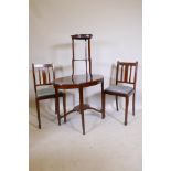 A pair of Edwardian inlaid bedroom chairs, an oval occasional table and a jardiniere stand