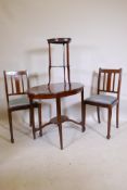 A pair of Edwardian inlaid bedroom chairs, an oval occasional table and a jardiniere stand