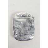 A silver plated vesta case with repousse automotive decoration, 2" x 1½"