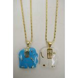 A Chinese gilt metal mounted turquoise pendant carved in the form of an elephant and another similar