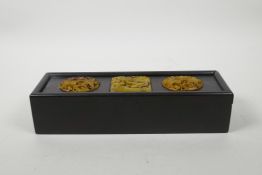 A Chinese hardwood scribe's box, the cover set with hardstone carvings, 10" x 3½"