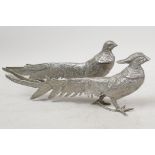 A pair of plated metal figures of pheasants, 12" long