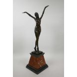 An Art Deco style bronze of a dancing semi-nude woman in a headress, after D.H. Chiparus, 22" high