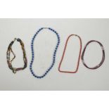 Four semi-precious stone beaded necklaces, longest 26"