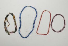 Four semi-precious stone beaded necklaces, longest 26"