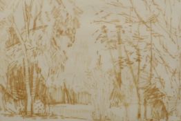 A woodland pond, signed sepia ink drawing, signed P. Nash, 8" x 11"
