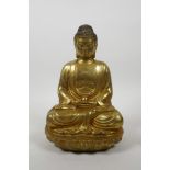 A Chinese gilt bronze of Buddha seated in meditation on a lotus throne, 10" high