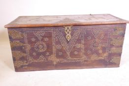 A late C19th/early C20th teak and brass studded Zanzibar chest, 41" x 18", 18" long