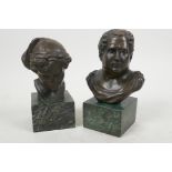 A pair of Grand Tour style bronze male and female busts on square plinths, 6" high