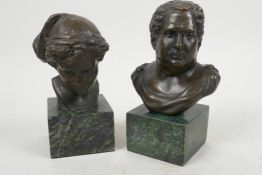 A pair of Grand Tour style bronze male and female busts on square plinths, 6" high