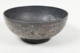 An early Bidri ware metal bowl with engraved floral decoration, 5¼" diameter