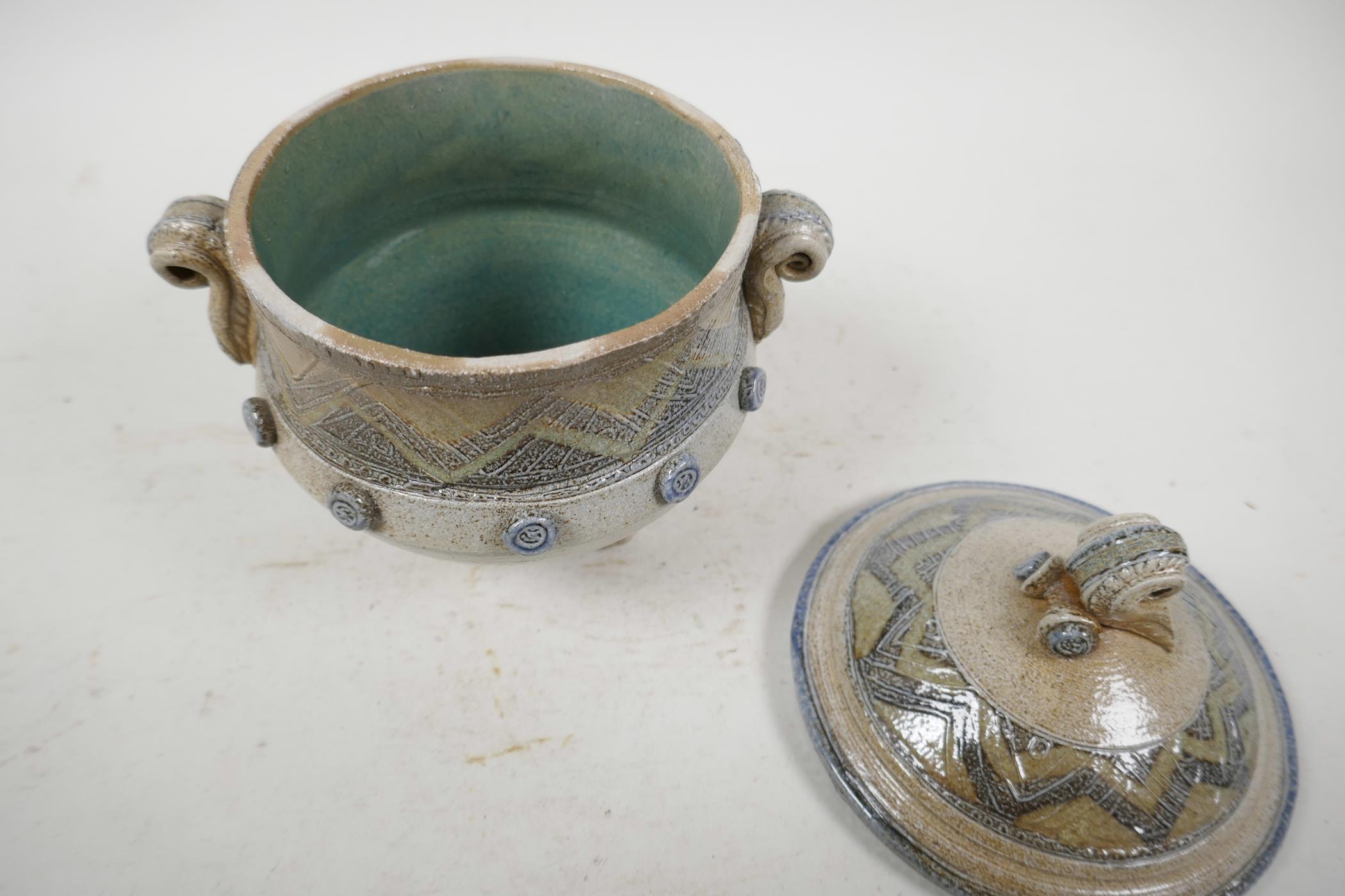 Carol King (British), studio pottery sweet jar and cover, raised on three feet, 7½" high, 6" - Image 3 of 6
