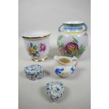 An eclectic lot, consisting of a Limoges heart shaped porcelain trinket box, decorated with blue